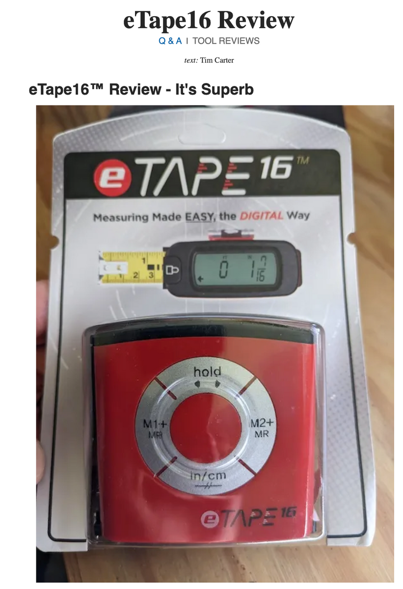 eTape16 Max was Featured on Tim Carter's Ask The Builder Website